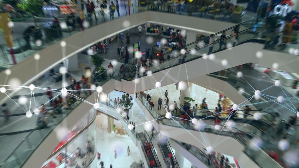 interior shopping mall view with data overlay