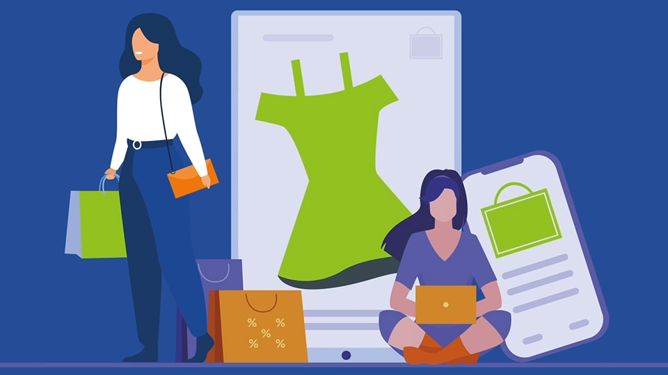 illustration of female shopper interacting with retail shopping on line in person and on mobile