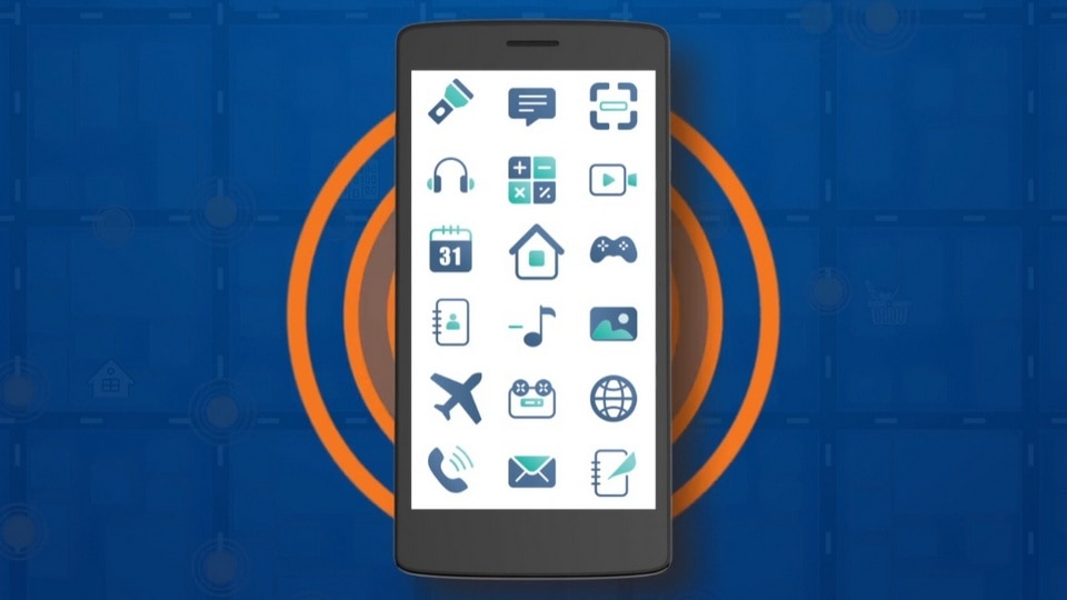 illustration of mobile phone home screen with icons for retail and other apps over concentric circles indicating cellular pings