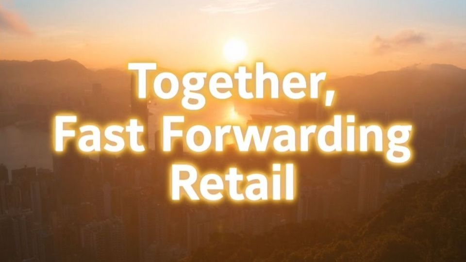 poster frame for sensormatic brand video showing words together fast forwarding retail superimposed on golden sunrise scene