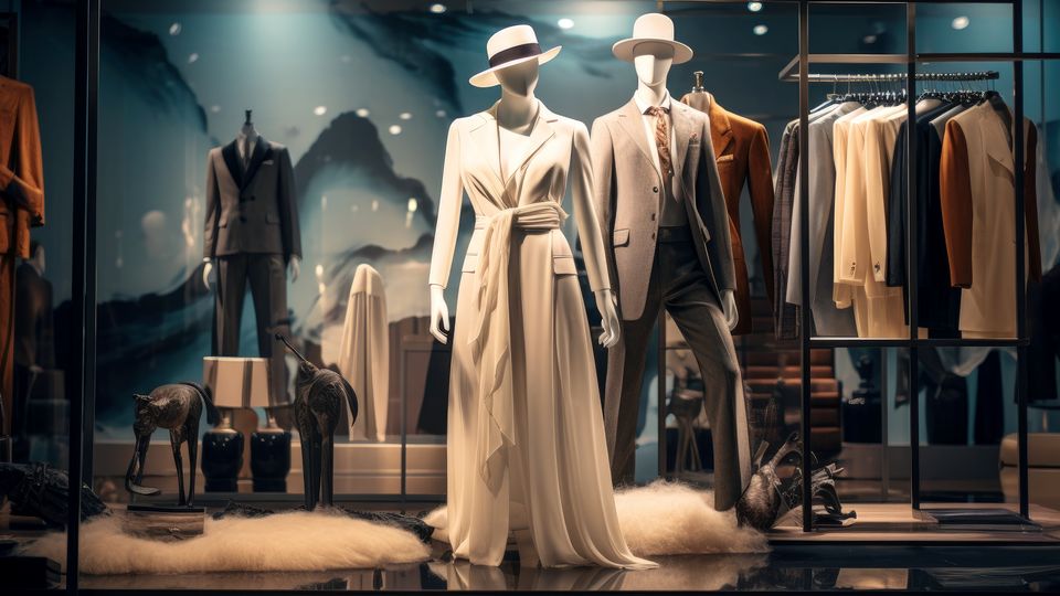 male and female mannequins in high-end apparel in a luxury retail store