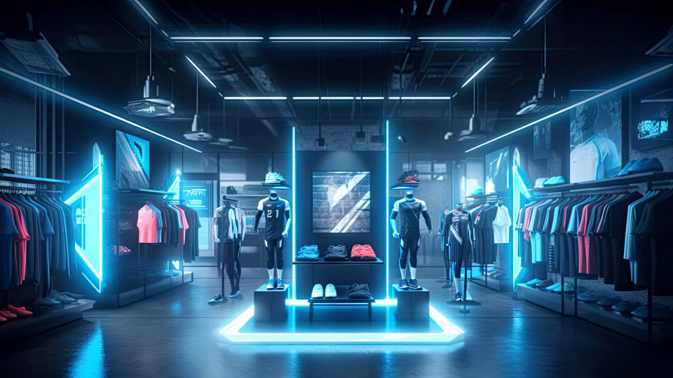 interior of futuristic retail sporting goods store with blue neon lighting and mannequin displays